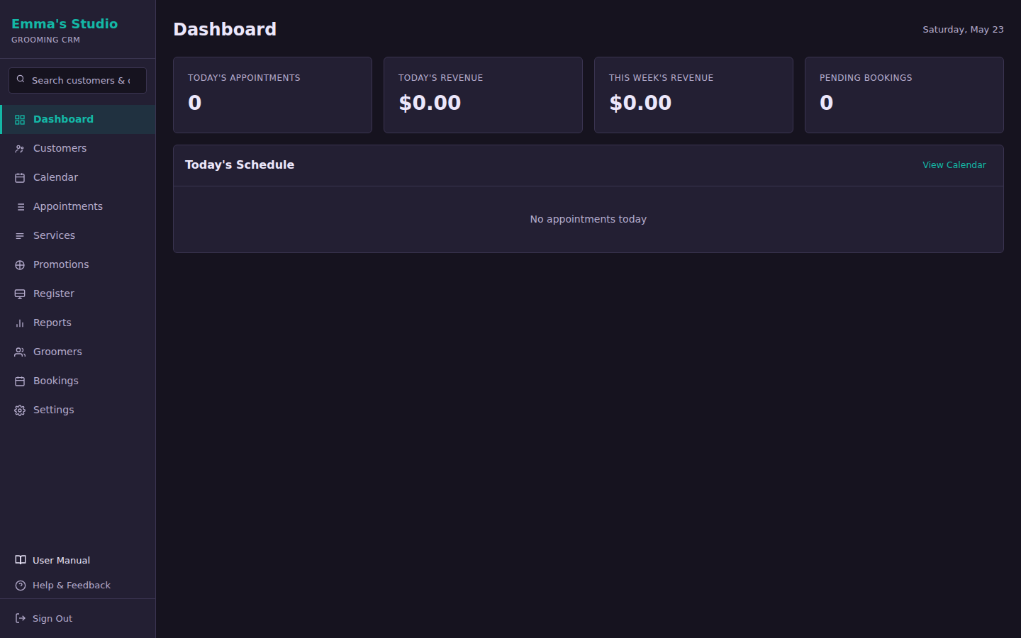 Pawbook dashboard — appointments, customers, and payments at a glance